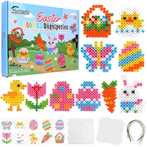 Homgaty Perline da Stirare 10 mm, Oltre 1000PZ con Piastre e Accessori, Grandi Perle per Bambini, Set Creativo Fai da te con Tanti Modelli, Ideale dai 3 Anni in Su (Pasqua)