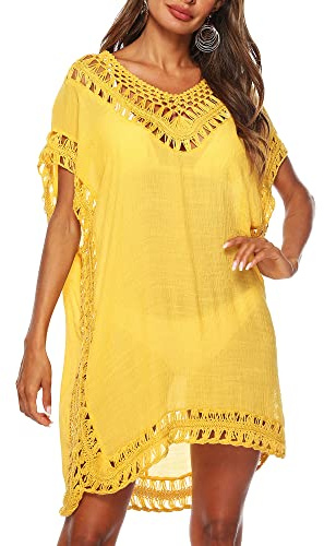 Women Crochet Swimsuit Cover Ups Solid Color Cutout Beachwear Short Sleeve V-Neck Bikini Cover Up Dress (A-Yellow, One Size)