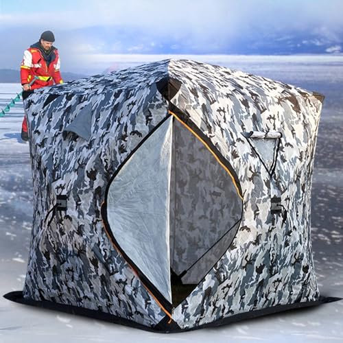 XNYXLPP Isolierter Ice Shanty 3-4 Personen tragbarer Eisangelunterstand mit Herdheber, Pop-up-Eisangelzelt Eishaus mit 2 Türen 4 für Eisangeln im Winter beim Camping (Camouflage)