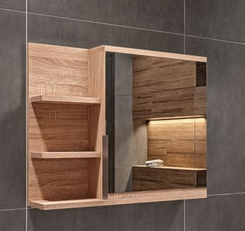 FreshYou Spiegelschrank 60x50 Sonoma Eiche, Badezimmerschrank mit Ablagen, Badezimmerspiegel, Hängeschrank - Links