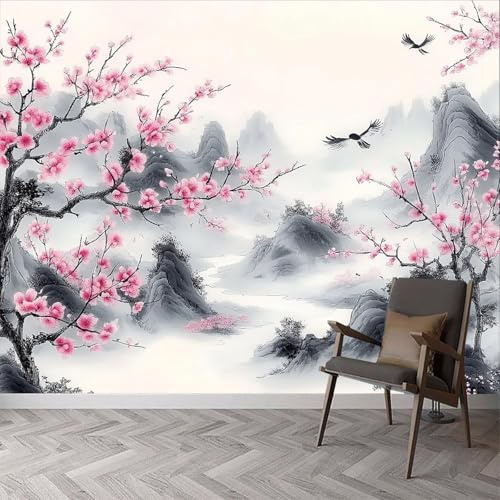 Papier Peint Panoramique Fleurs de Cerisier Papier Peint Intissé Paysage Japonais Poster Trompe l'oeil Mural 3D Art Décoration Murale Salon Chambre 400x280 cm 4079a