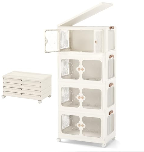 KOMFOTTEU Aufbewahrungsbox mit 2 feststellbaren Rollen, 159/212/266 L Ordnungsboxen faltbar aus Kunststoff, mobiler Aufbewahrungsturm, Stapelboxen für Kleidung, Schuhe (4 Ebenen)