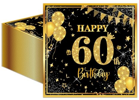 50 Stück Servietten zum 60. Birthday 33x33 cm Gold Schwarz Servietten Milestone 60 Dekorative Servietten mit Ballondruck Papier Taschentücher Taschentücher