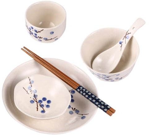 WEKADRIN Japanese Style Ceramic Tableware Set for One Person 6pcs Blue Plum Pattern Bowl Plate Cup Spoon Chopsticks Household Dinnerware