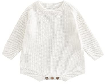 Geagodelia Infant Baby Boy Girl Solid Color Knit Romper Sweater Knitted Bodysuit Long Sleeve Jumpsuit Baptism Warm Jumper Fall Winter Chunky Knitwear for Casual Daily (White, Newborn)