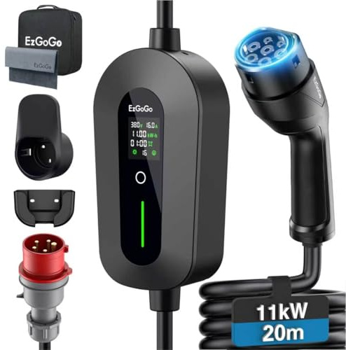 EzGoGo Mobile Wallbox 11kW Ladegerät Typ 2 (3-phasig) mit 20m Ladekabel CEE 16A auf Typ 2 | EV Ladestation mit Einstellbarer Stromstärke [6/8/10/13/16A] | Hochwertiger IP65 Schutz | Für EVs & PHEVs