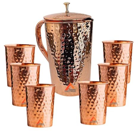 Pure Copper Water Jug with Brass Knob Top 1.5 Litre (1500 ml) + 4 Tumbler (300 ml) Hammered Ayurveda Health Benefits Pitcher Set of 7