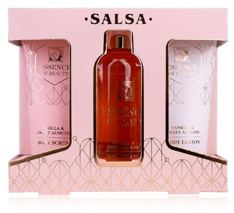 Accentra Coffret bain SALSA ESSENCE OF BEAUTY pour femmes, gel douche, lotion corps, exfoliant, parfum Vanille et Amande Douce, boîte cadeau, luxe pour femmes