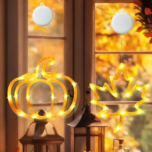 TaimeiMao Herbstdeko Licht mit Saugnapf, Wasserdicht Herbst Deko Fenster Lichter, Kürbis Ahornblatt Fensterdeko Lichter, Herbst Lichterkette mit Saugnapf für Herbst Halloween, Mottoparty (2er-Pack)