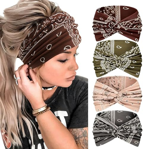 4 Pcs Hair Bands for Women - Printed Crisscross Headbands for Women's Hair, Soft Elastic Head Band for Adult Women, Boho Style Hairs Accessories for Yoga & Sports (style 1)