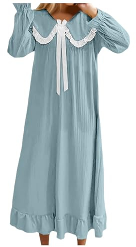 Genérico Camisón Largo para Mujer Mangas Largas Camisones con Encaje Color Liso Cuello de Muñeca Casual Camisones Talla Grande Cómoda Camisón para Estar en Casa