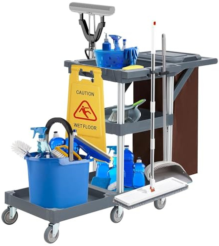 Commercial Housekeeping Utility Cart, Janitorial Cleaning Carts On Wheels, Janitorial Cart with Cover and Vinyl Bag, 3 Shelf Service Carts for Hotel/Stores/Restaurants/Hospitals/Schools/Business