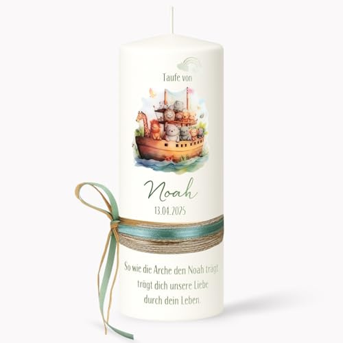 KERZENWACHSTANTE® Taufkerze Kommunion Arche Noah u. Regenbogen 25x6cm - Mit Wunschnamen - Geschenk zur Taufe für Jungen & Mädchen – Handarbeit mit Juteband & Schleife salbei-mint