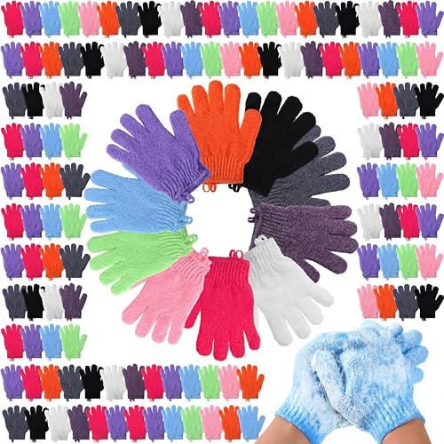 FoldTier 100 Pcs Exfoliating Gloves Bulk for Shower Body Double Sided Gloves Exfoliating Bath Mitt with Hanging Loop Bath for Women Men Bathing Skin Scrubber Accessories Beauty Spa (Multicolor)