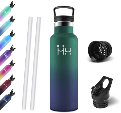 Motswedi Gourde, 750 ml Sans BPA, Gourde Isotherme, Avec Paille&2 Couvercles, Bouteille d'eau, 18/8 Acier Inoxydable, Bouteille Isotherme pour Sports, Camping - Vert foncé&bleu foncé