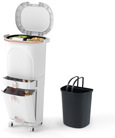 GOPLUS Poubelle Cuisine 42 L, Poubelle Tri Selectif à 3 Niveaux avec 2 Seaux Amovibles 12Lx2, Tiroir 4L, Compartiment Incliné 14L,Poignées, Pédale, Récipient Déchets (42L|1 Couvercles,Blanc|4 Bacs)