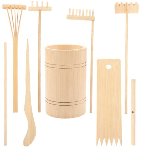 HOMSFOU Ensemble 7 Pièces Mini Râteaux de Jardin en Bois Naturel, Outils Jardin Zen pour Bac à Sable, Accessoires Décoratifs Faits Main, Présent Contemplation et Relaxation pour Maison