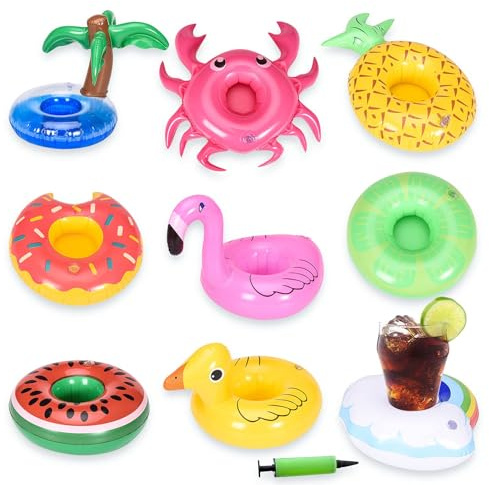 Aufblasbare Getränkehalter Set, 10 Stück PVC Getränkehalter Pool Aufblasbar mit Luftpumpe, Mehrfarbig, Tropisch, Poolparty, Früchte, Tiere, Schnell aufblasen, Schwimmender Getränkehalters