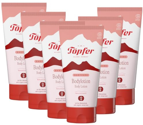Töpfer Babycare Bodylotion – leichte Feuchtigkeitspflege für empfindliche Babyhaut – mit Bio-Weizenkleie, Bio-Olivenöl & Bio-Sheabutter – 6x150ml