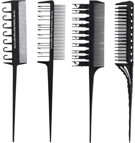 GALPADA 4pcs Black Carbon Fiber Hair Styling Comb Set Hair Coloring Tools Highlights Comb Adds Volume and Prevents Cuticle Damage for Salon Or Home Use