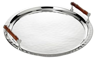 EDZARD Tablett Hugo (Ø 47 cm) Messing, vernickelt mit Bambus-Details, gehämmert - Serviertablett, Rundtablett, Dekotablett silberfarben, großes Tablett