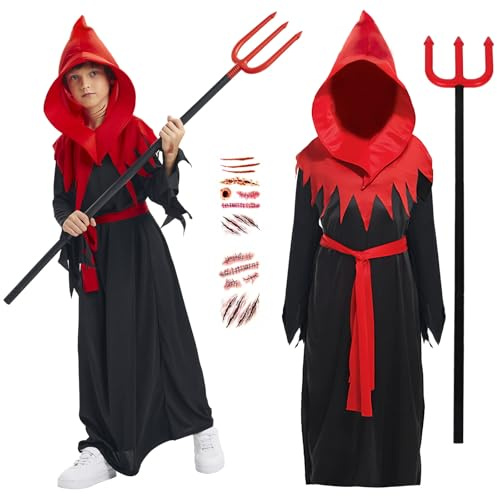 ZZXIAOJIE 3Pcs Devil Costume Kids Evil Demon Hooded Robe Halloween Outfit | Black Devil Hooded Robe, Belt, Prop Pitchfork, Scar Stickers, Halloween Costume, Carnival, Cosplay Accessories, Boys Girls