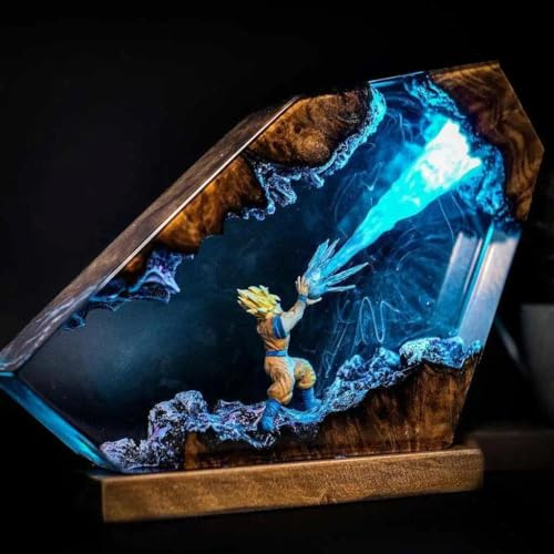 FIYSON 3D Dragon Ball Resin Night Light, Resin Son Goku Figure Ornaments with Wooden Base, Bedside Lamp with USB Cable and 16 Color Remote Multi-Color LED Night Lamp, Desktop Art Decor (Style 2)