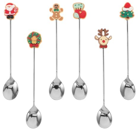 GALPADA Set 6 Cucchiaini Natalizi Design Cartoon di Babbo Natale e Renna in Acciaio Inossidabile Cucchiai da Caffè per Feste e Regali di Natale