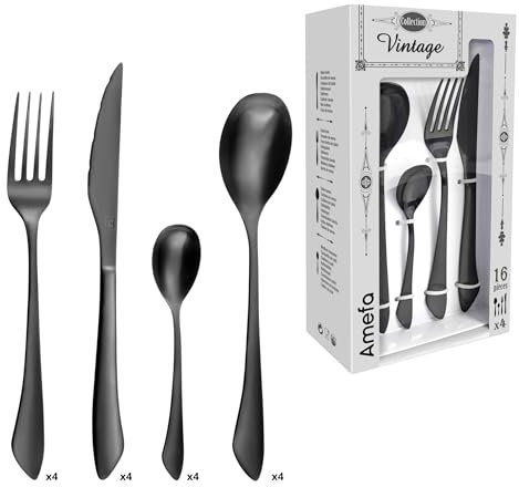 Amefa INSTINCT Besteck Set 4 Personen | 16-teilig | PVD Besteck Schwarz matt im Vintage Style | Besteckset 4 Personen Edelstahl 18/0 matt | je 4x Tischgabel, Tafelmesser, Tischlöffel & Teelöffel