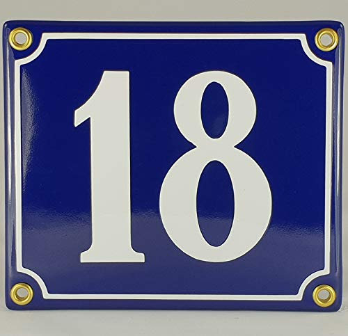 Hausnummer Emaille Schild Nr. 18 Blau-Weiß Handarbeit mit Schrauben und Dübel zur Montage