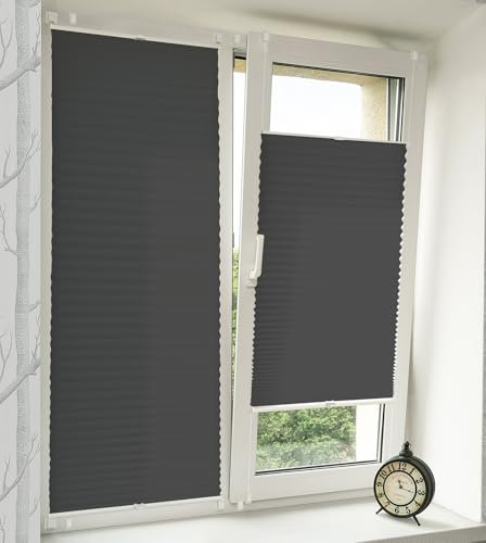 Vkele Plissee ohne Bohren Klemmfix – Faltrollo Jalousie Anthrazit 100x130cm(BxH), Lichtdurchlässig & Blickdicht, Sonnenschutz & Sichtschutz, Easyfix Rollo für Fenster & Tür