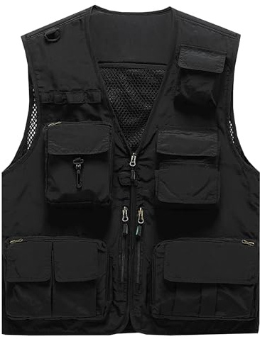 Flygo Men's Casual Lightweight Outdoor Fishing Work Safari Travel Photo Cargo Vest Jacket Multi Pockets(Large, Black)