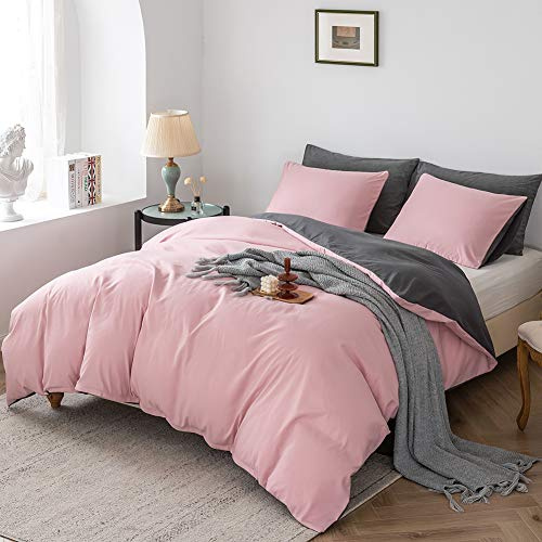 Damier Biancheria da letto da 135 x 200 cm, rosa, rosa antico, grigio, tinta unita, set di biancheria da letto double-face, in morbida microfibra, copripiumino con cerniera e 1 federa da 80 x 80 cm