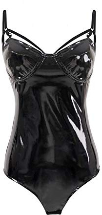 Cacycasa Women's One Piece Halter Jumpsuit Wet Look Leather Leotard Bodysuit (Black-tuzi, Large)