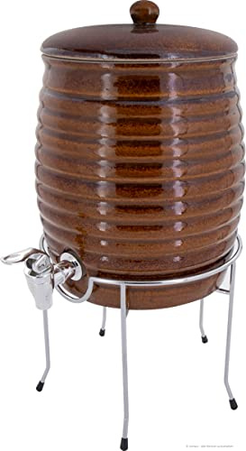 KERAZO Keramik Getränkespender, Fass, Rumtopf, Gefäß zur Fermentation von Kombucha, Essig und Öl inkl. Zapfhahn & Topfständer 6,0L, braun-glänzend