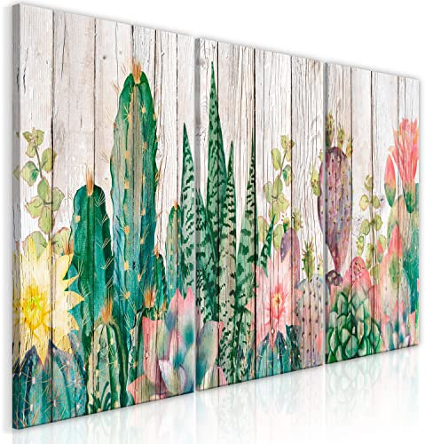 murando - Wandbilder XXL Kakteen 180x90 cm Vlies Leinwandbild 3 tlg Kunstdruck modern Wandbilder XXL Wanddekoration Design Wandbild Kaktus Blume Pflanze Holzoptik Abstrakt b-C-10263-b-b