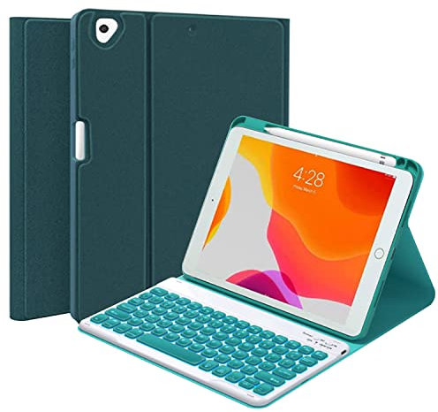 QYiiD Funda con Teclado Español para iPad 9.7 2018/2017, iPad Air 2/1, iPad Pro 9.7, iPad 6ª/iPad 5ª Generación, 7 Colores Retroiluminados Bluetooth Inalámbrico Teclado Desmontable, Drak Verde