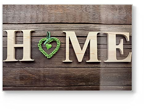 DEQORI Planche à découper en verre | Grande taille 30 x 20 cm | Motif « Lettres Decor Home » | Planche à découper design pour cuisine | Planche à petit-déjeuner antibactérienne & antidérapante |