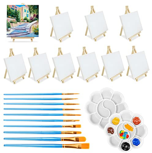 32Pcs Mini Staffeleien mit Kunst Leinwand, HAOTIAN-X 10 kleine Künstler Dreieck Staffeleien mit 10 Leinwand, 10 Pinsel, Leinwands Malerei Stand Kit für Kunst Party Zeichnung