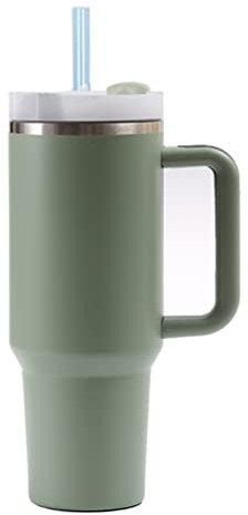 Moollyfox 40 oz Doppelwandiger Edelstahl Vakuum Isolierbecher mit Griff Upgrade Kaffeetasse 1200 ml Becher Tragbare Reisebecher Autobecher Thermobecher mit Strohhalm und Deckel Olivgrün
