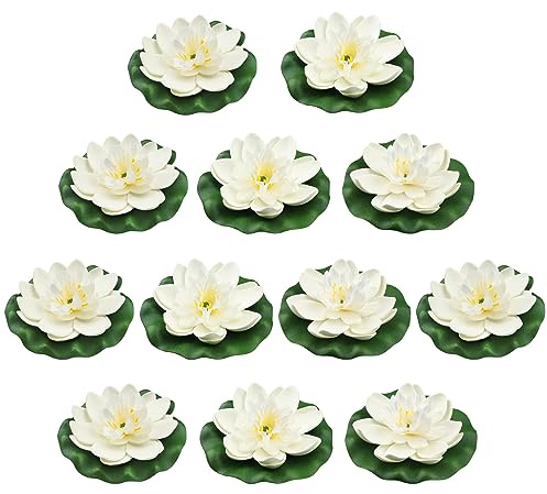 PietyPet 12pcs Floating Foam Lotus Flowers with Lily Pads, Artificial Pond Plants Ornaments for Pool Aquarium Water Decoration, White