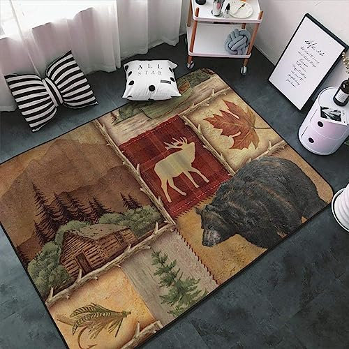 TEMLAN Bären-Elch-Hirsch-Muster Teppiche Gegend, Rustikale Retro-Lodge Dekorativer Teppich für Wohnzimmer, Schlafzimmer, Esszimmer Badezimmer Küche Flur Läufer 60 x 120cm