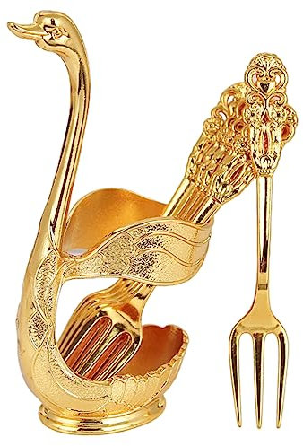 Swan Base Spoon Fork Set, Kitchen Metal Craft Cutlery Gold Silver Spoon Set, Coffee Fruit Dessert Serving Set for Cake, Ice Cream, Dessert Candy, 6 Pack-B