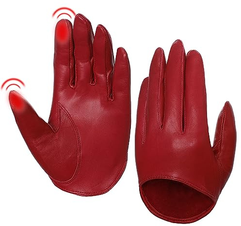 Harssidanzar Damen Lammfell halbe Handfläche Vintage Dress Up Ungefüttert Touchscreen kurze Handschuhe GL011EU, Rot,Größe L