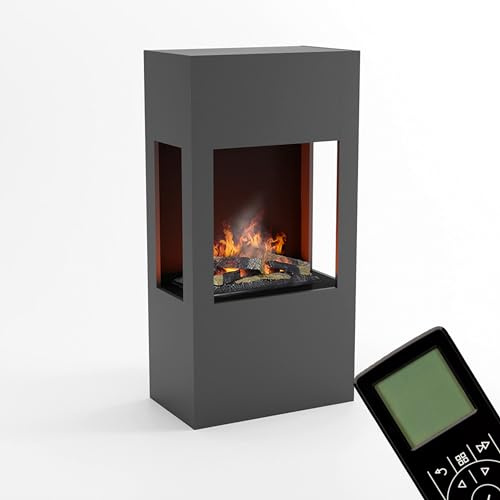 GLOW FIRE Wasserdampf Kamin BÖLL (Standkamin) - Elektrokamin mit realistischen LED 3D-Flammen, Knistereffekt & Fernbedienung, 74x145x44 cm - Opti-Myst 600 Elektro Kamin mit Holz-Deko, Grau