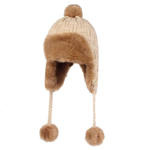QICHEN Strick Fliegermütze Damen Wintermütze Ohrenschützer Warm Fellmütze Ski Trapper Mütze (DE/NL/SE/PL, Numerisch, 56, 59, Beige)