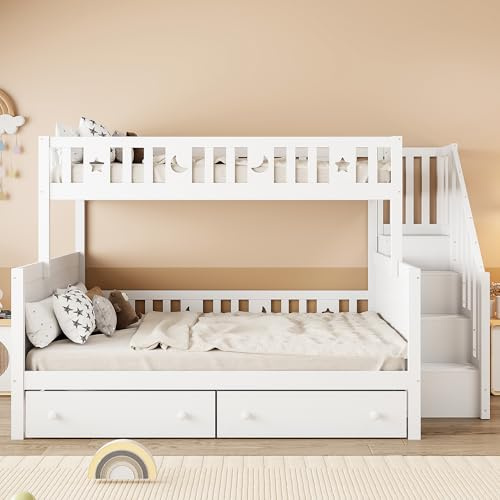 Idemon Lettino 90 x 200/140 x 200 cm, letto a castello in legno massello con scala di sicurezza, due grandi cassetti e rete a doghe (bianco), LDB0007