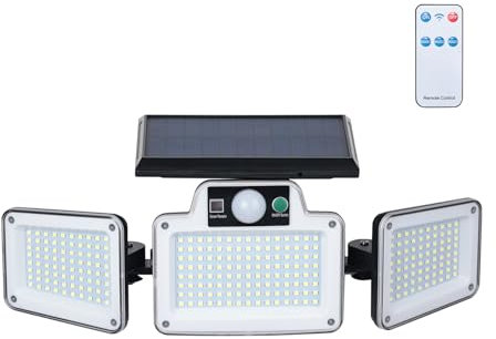 GRIFEMA GD202 Lampada solare da esterno con sensore di movimento, [280 LED/ 3 modalità/ 2400 mAh], Faretto solare da esterno con telecomando, IP65 impermeabile per giardino, garage