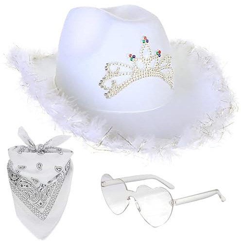 HIQIU 3 Stück Cowboy Hut Damen Set, Cowgirl Hut Damen mit Bandana Partybrille Accessoires Für Wilder Westen Kostü Karneval Mottoparty