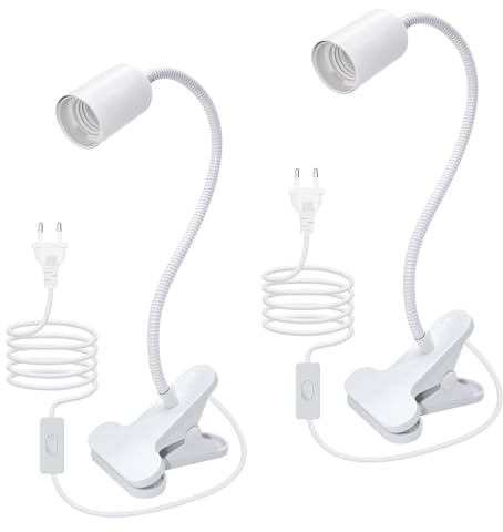 LQUNFYL Lampada a pinza E27, 2 pezzi, 240 cm cavo, 35 cm di lunghezza, collo di cigno 360° flessibile, presa E27 con pinza, per letto, ufficio, lettura, pianta